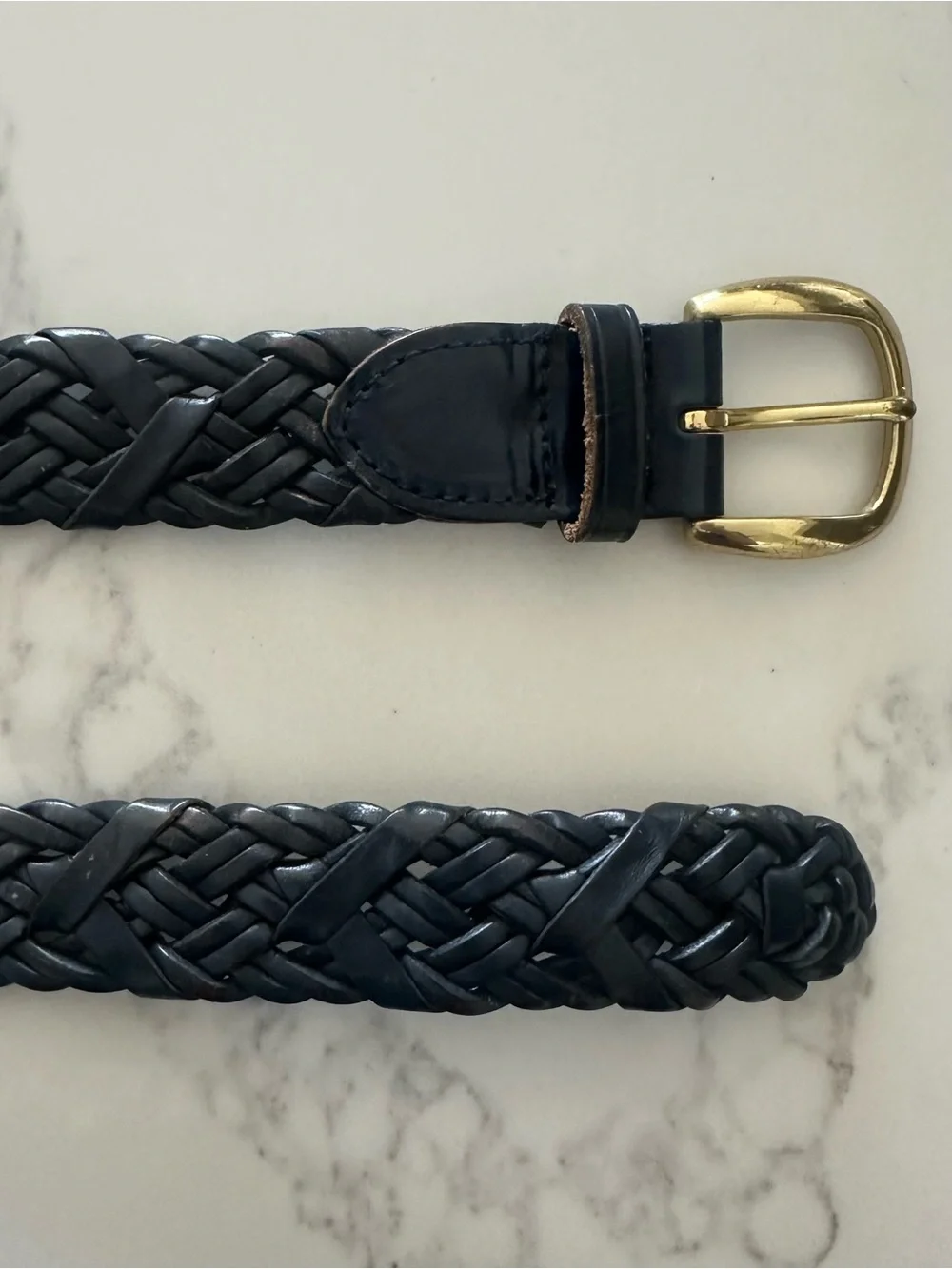 Vintage Talbots Braided Leather Belt Solid Brass Square Buckle Gloss Navy Large